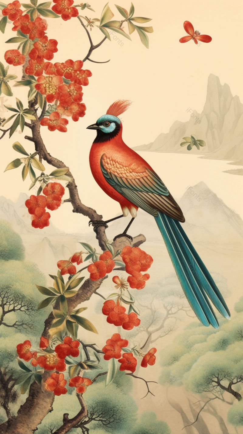 鸟在花朵上复古氛围感背景图,插画/手绘图,插画/手绘图库,插画/手绘图下载,插画/手绘